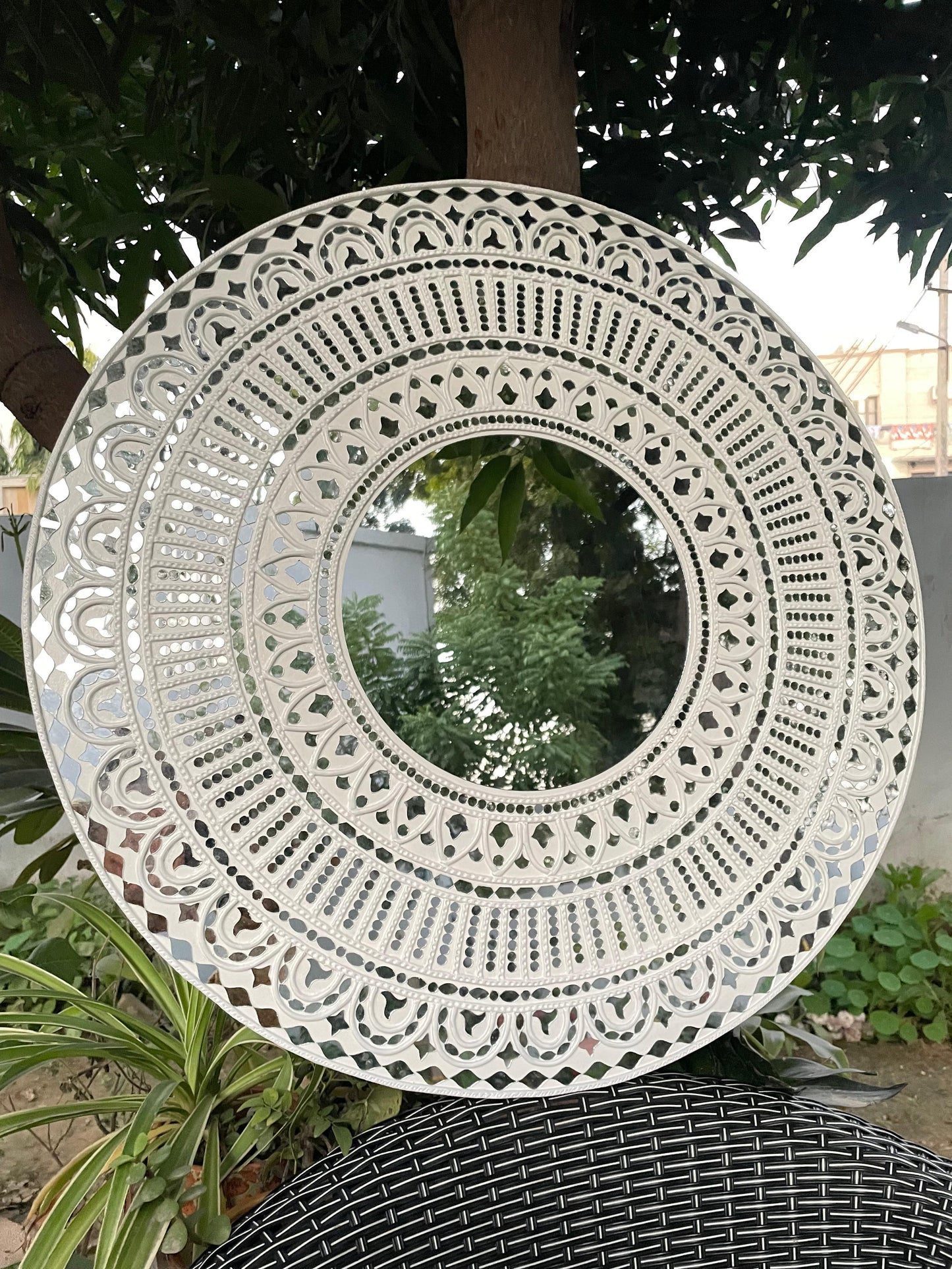 White Lippan Art Mandala with Mirror Work