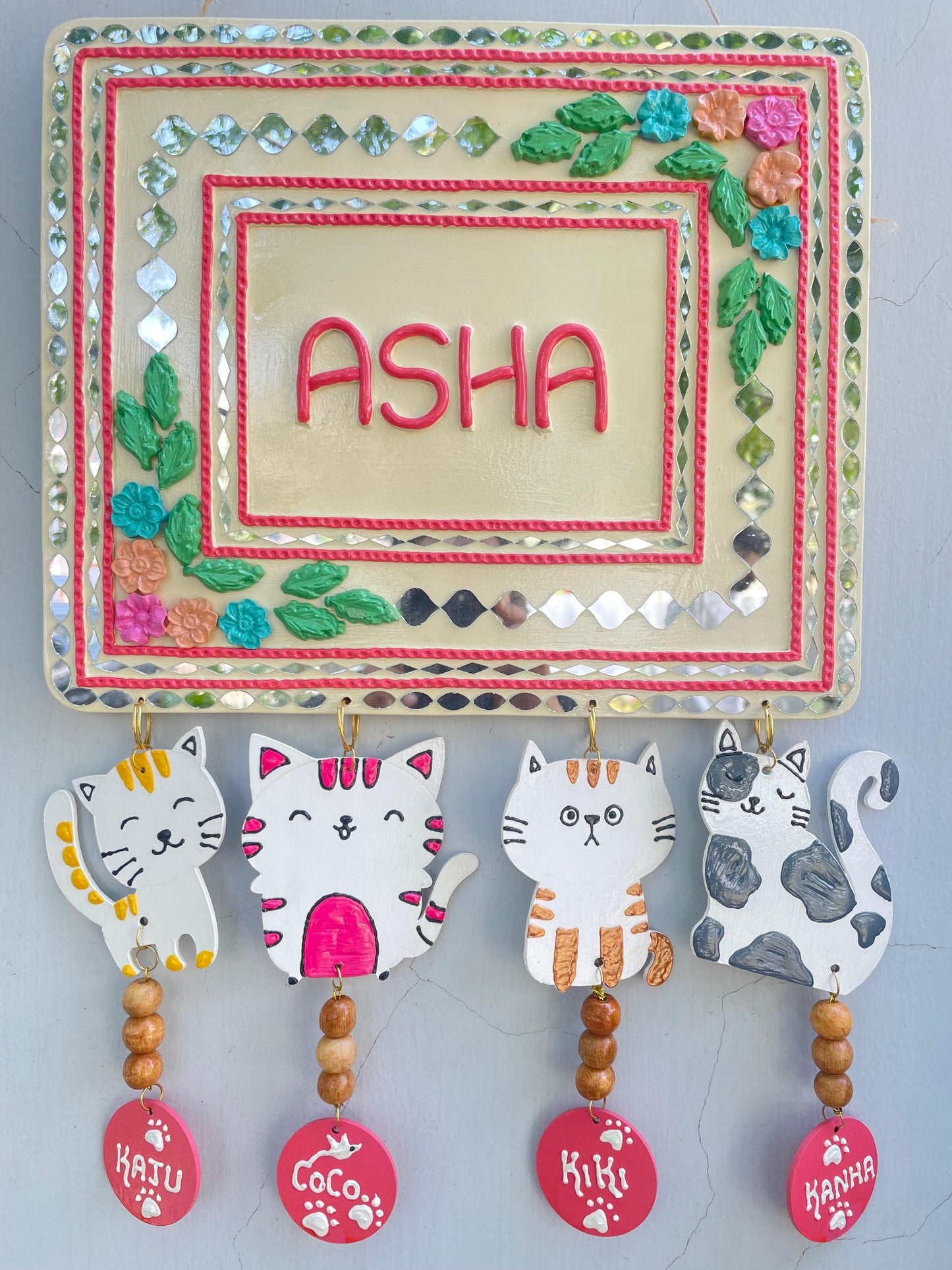 Lippan Art Rectangle Nameplate with Hanging Cat Shapes