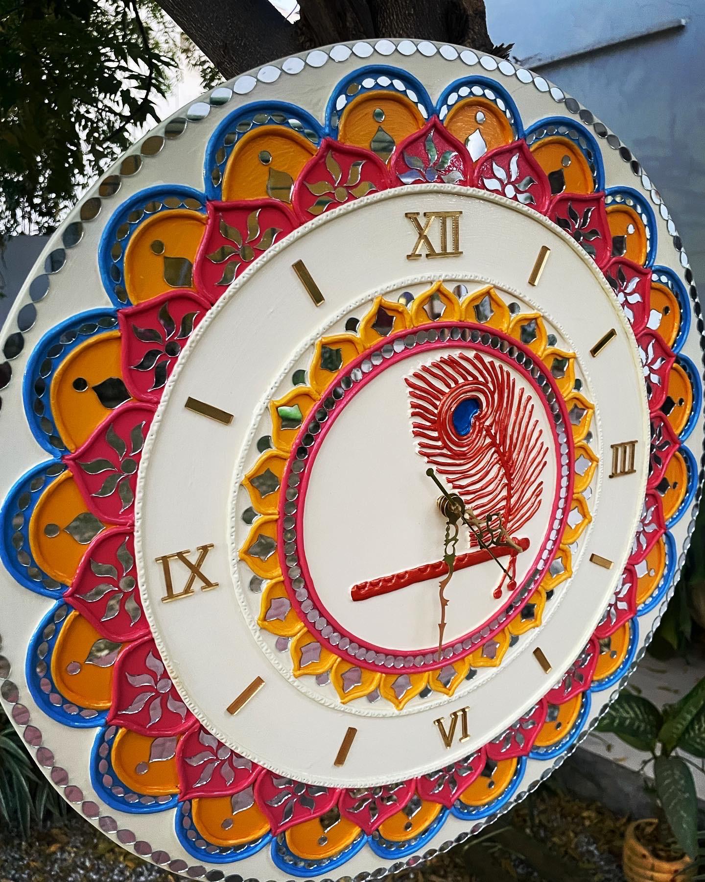 Lippan Art Wall Clock with Mirrors - Krishna Theme