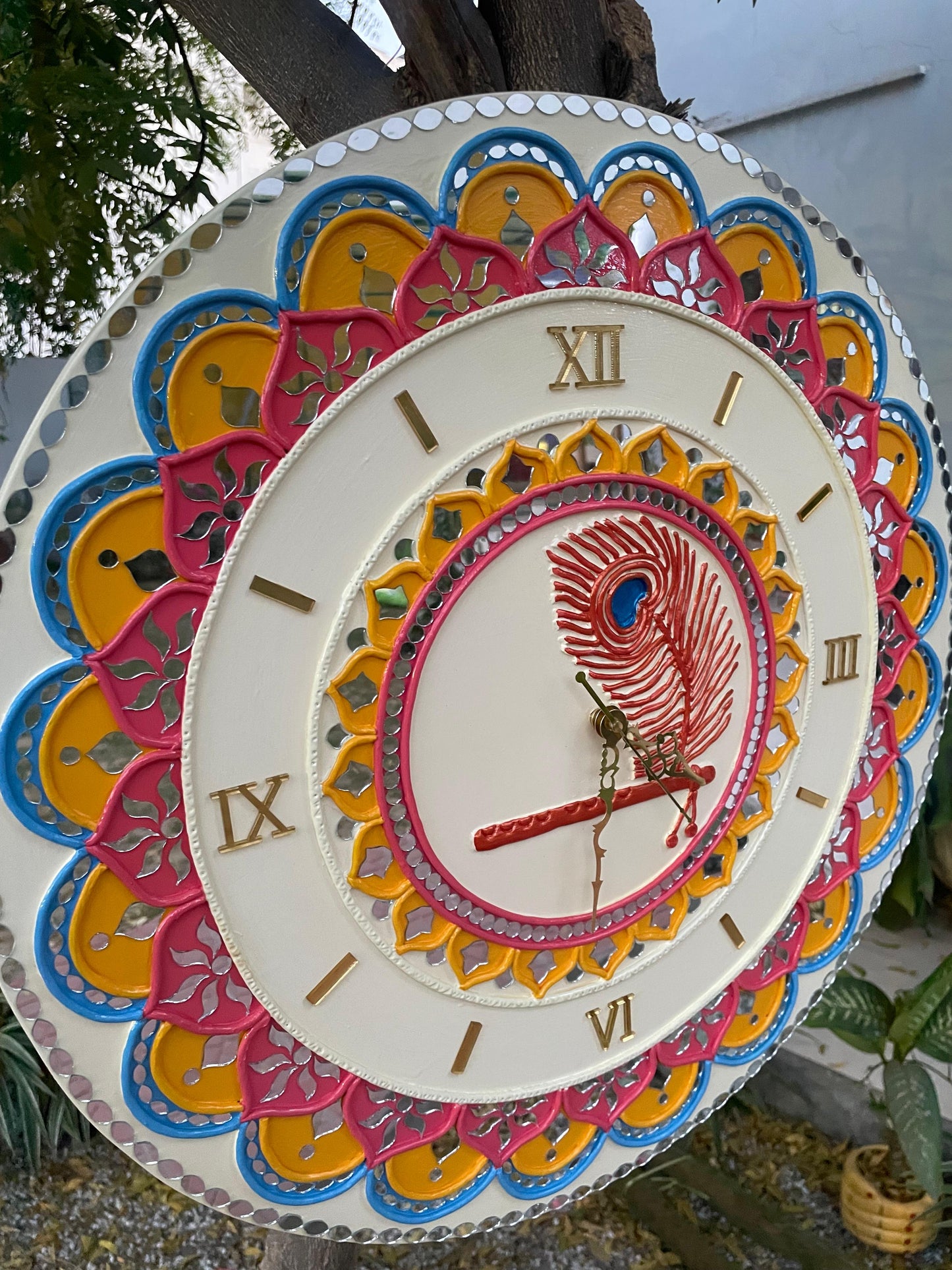 Lippan Art Wall Clock with Mirrors - Krishna Theme