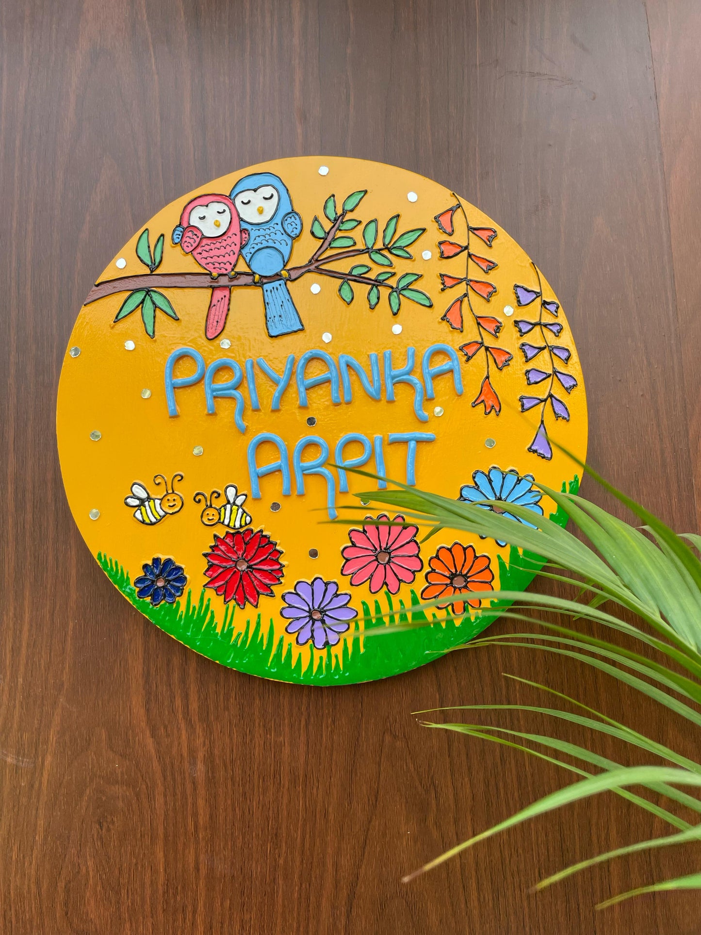 Owl Theme Floral Lippan Art Round Nameplate with Mirrors