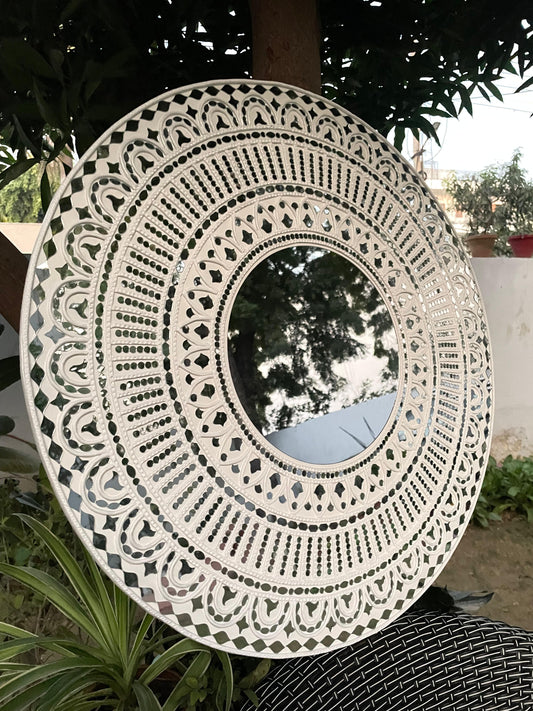 White Lippan Art Mandala with Mirror Work