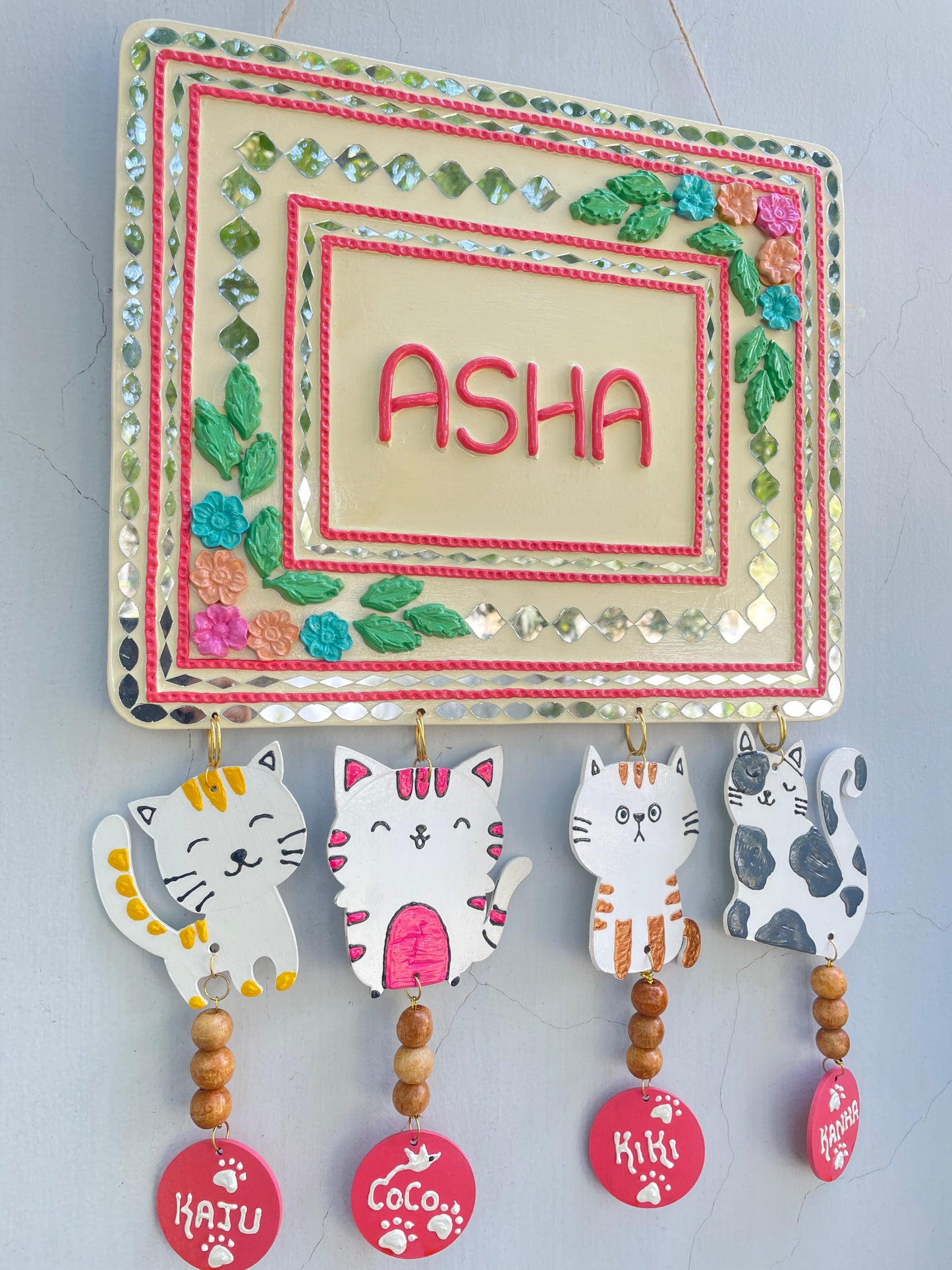Lippan Art Rectangle Nameplate with Hanging Cat Shapes