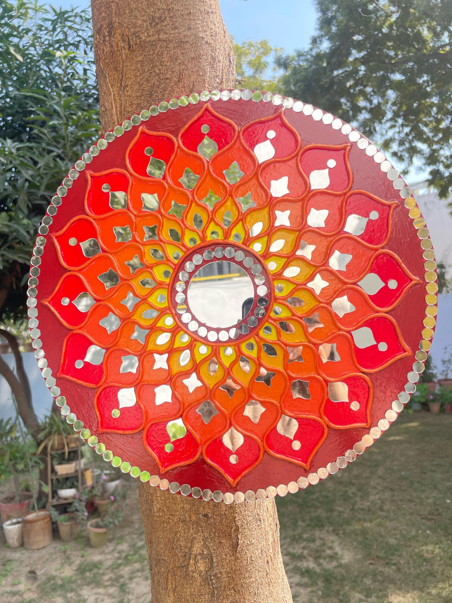 Fire Mandala Lippan Art Piece with Mirror Work