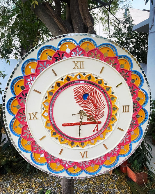 Lippan Art Wall Clock with Mirrors - Krishna Theme