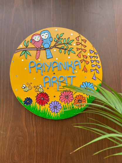 Owl Theme Floral Lippan Art Round Nameplate with Mirrors