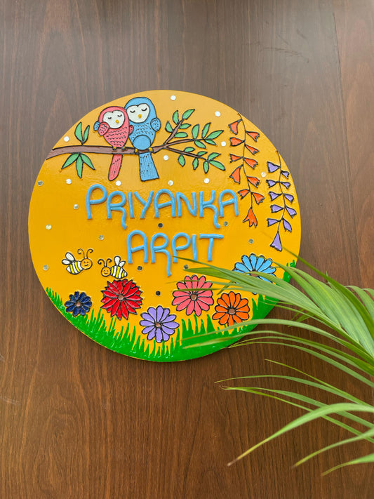 Owl Theme Floral Lippan Art Round Nameplate with Mirrors