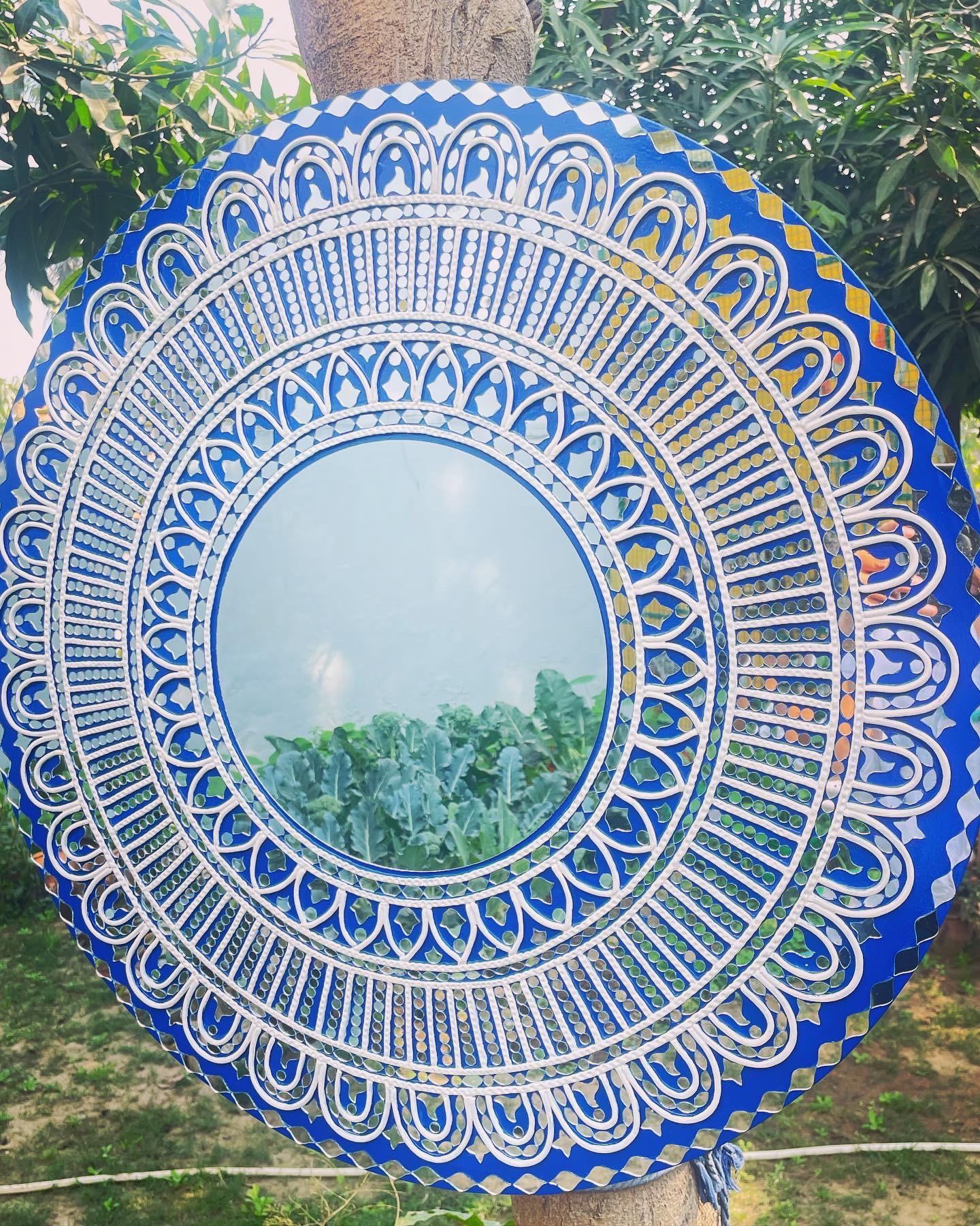 Blue Lippan Art Mandala with Mirror Work