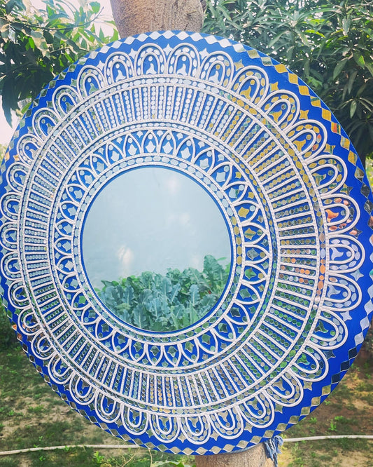 Blue Lippan Art Mandala with Mirror Work