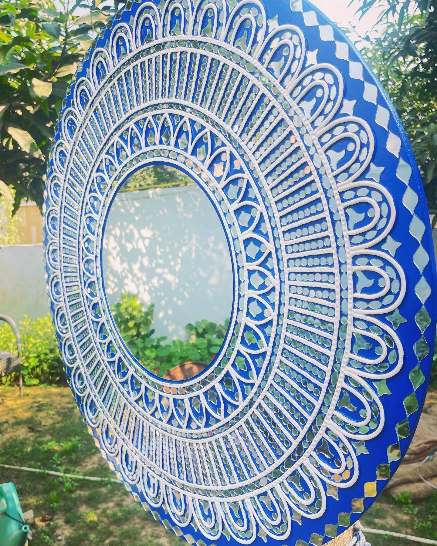 Blue Lippan Art Mandala with Mirror Work