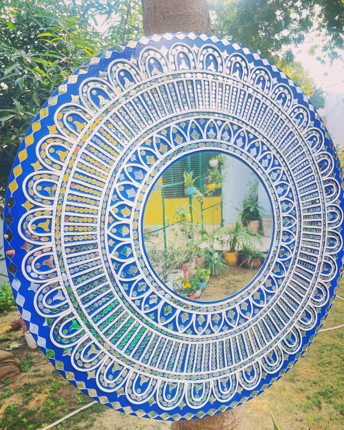 Blue Lippan Art Mandala with Mirror Work