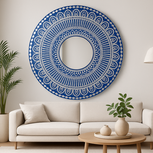 Blue Lippan Art Mandala with Mirror Work