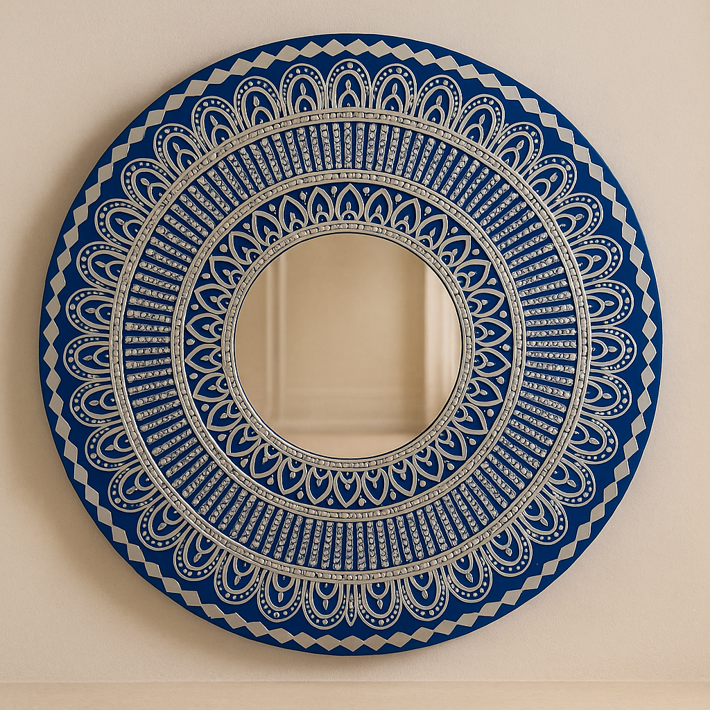 Blue Lippan Art Mandala with Mirror Work