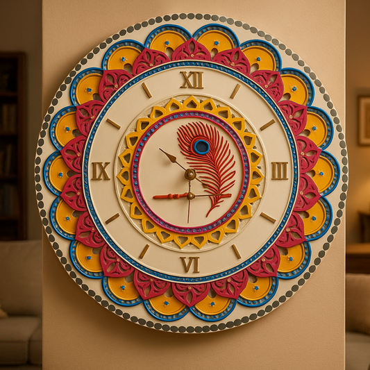 Lippan Art Wall Clock with Mirrors - Krishna Theme