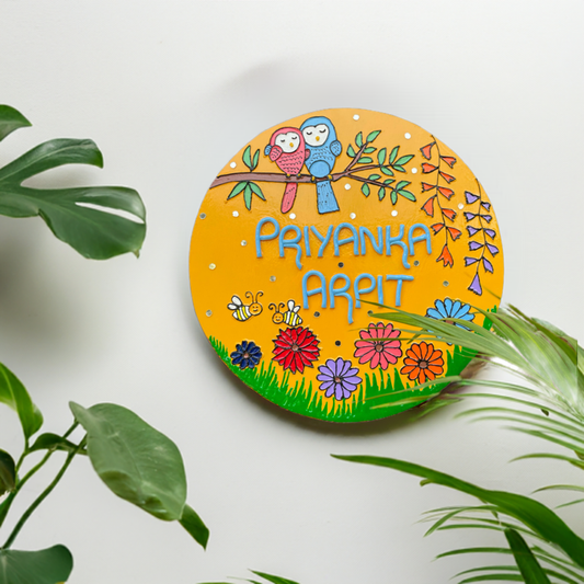 Owl Theme Floral Lippan Art Round Nameplate with Mirrors