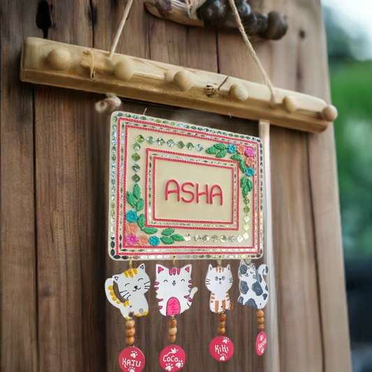 Lippan Art Rectangle Nameplate with Hanging Cat Shapes