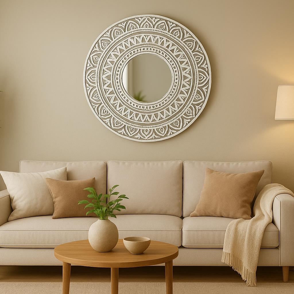 White Lippan Art Mandala with Mirror Work